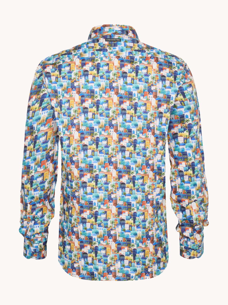Blauw overhemd met huisjesprint
